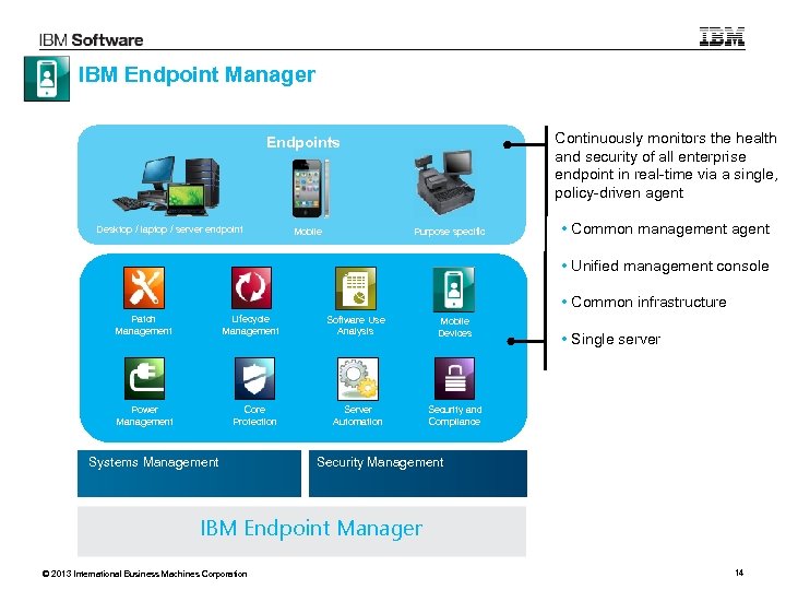 IBM Endpoint Manager Continuously monitors the health and security of all enterprise endpoint in