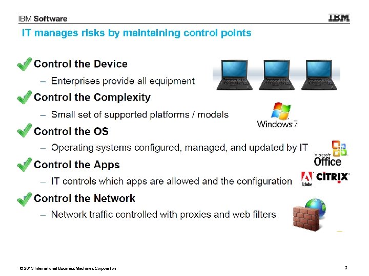IT manages risks by maintaining control points © 2013 International Business Machines Corporation 3