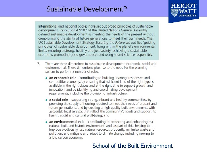Sustainable Development? School of the Built Environment 