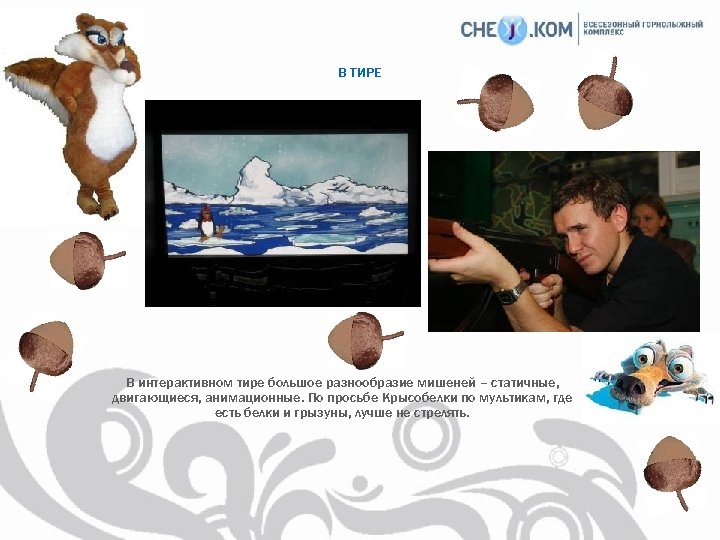 В ТИРЕ В интерактивном тире большое разнообразие мишеней – статичные, двигающиеся, анимационные. По просьбе