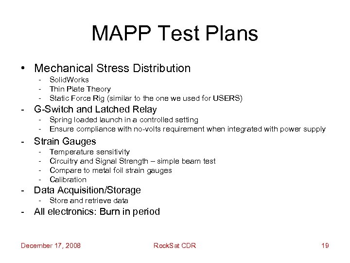 MAPP Test Plans • Mechanical Stress Distribution - Solid. Works Thin Plate Theory Static