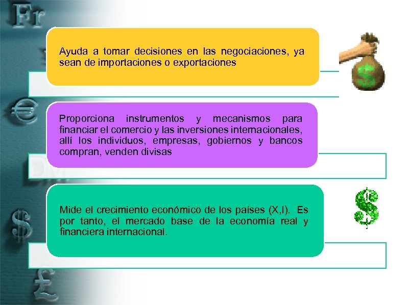 Ayuda a tomar decisiones en las negociaciones, ya sean de importaciones o exportaciones Proporciona