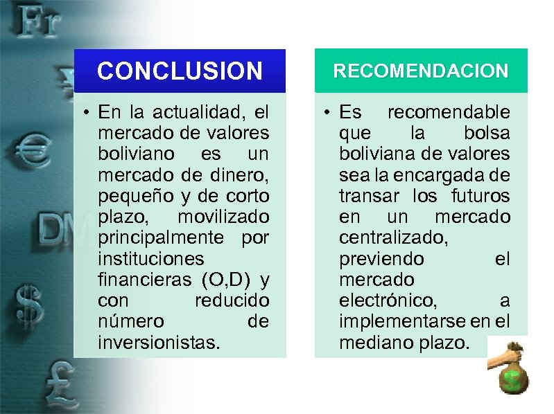 CONCLUSION RECOMENDACION • En la actualidad, el mercado de valores boliviano es un mercado