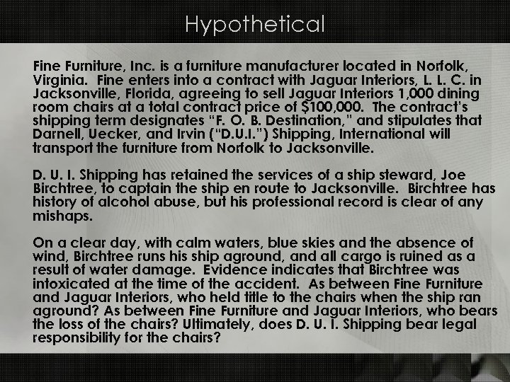 Hypothetical Fine Furniture, Inc. is a furniture manufacturer located in Norfolk, Virginia. Fine enters