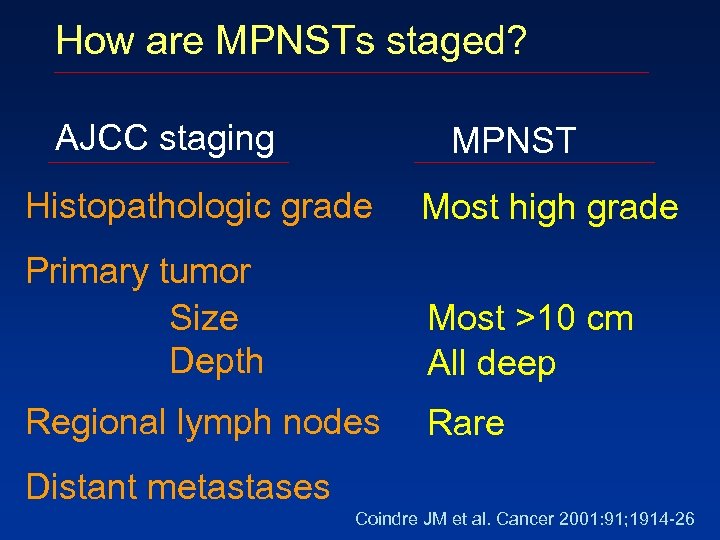How are MPNSTs staged? AJCC staging MPNST Histopathologic grade Most high grade Primary tumor