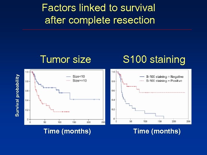 Factors linked to survival after complete resection S 100 staining Survival probability Tumor size