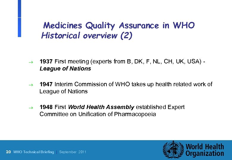 Medicines Quality Assurance in WHO Historical overview (2) ® 1937 First meeting (experts from