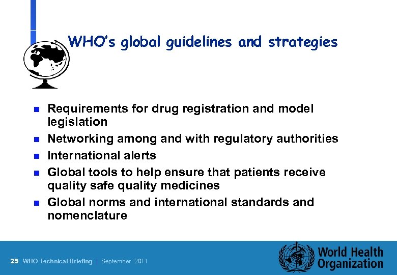 WHO’s global guidelines and strategies n n n Requirements for drug registration and model