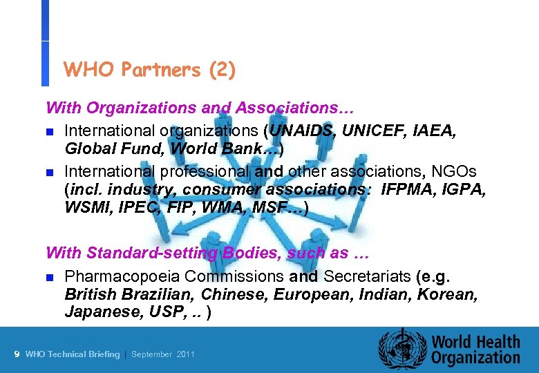 WHO Partners (2) With Organizations and Associations… n International organizations (UNAIDS, UNICEF, IAEA, Global