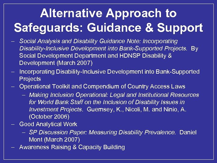 Alternative Approach to Safeguards: Guidance & Support – Social Analysis and Disability Guidance Note: