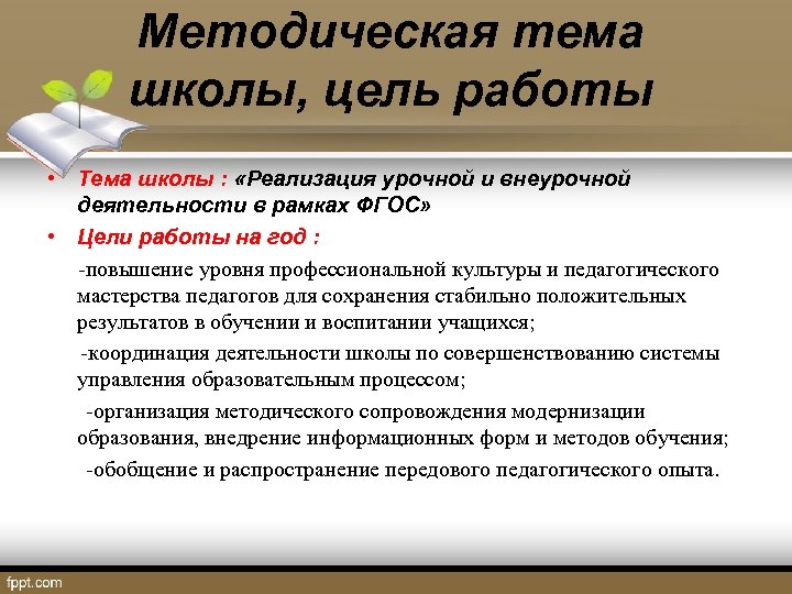 Методическая тема школы, цель работы • Тема школы : «Реализация урочной и внеурочной деятельности