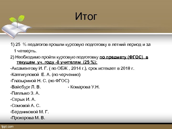 Итог 1) 25 % педагогов прошли курсовую подготовку в летний период и за 1