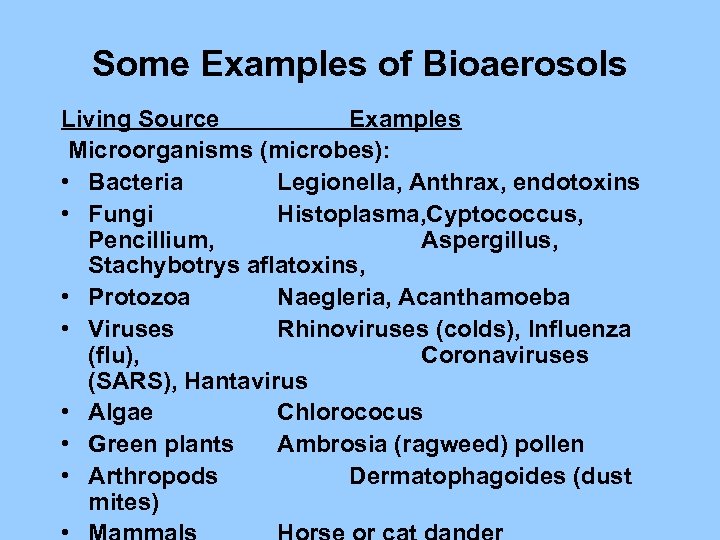 Some Examples of Bioaerosols Living Source Examples Microorganisms (microbes): • Bacteria Legionella, Anthrax, endotoxins