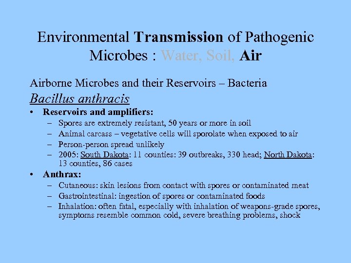 Environmental Transmission of Pathogenic Microbes : Water, Soil, Airborne Microbes and their Reservoirs –