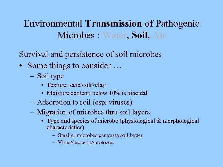Environmental Transmission of Pathogenic Microbes : Water, Soil, Air Survival and persistence of soil