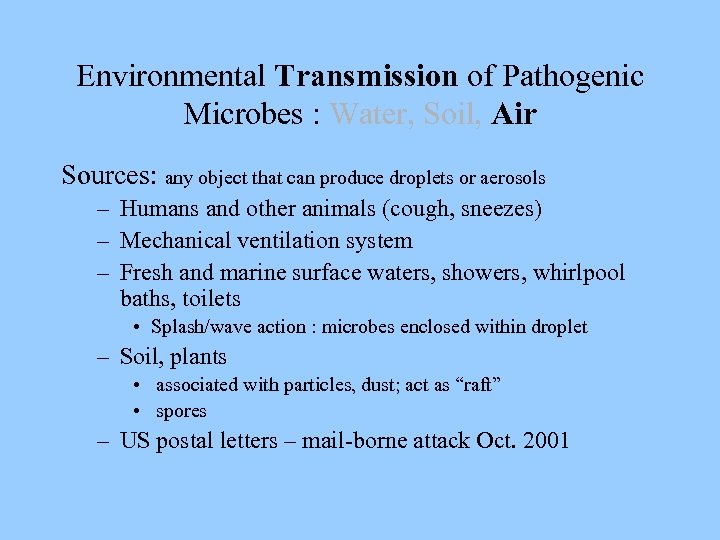 Environmental Transmission of Pathogenic Microbes : Water, Soil, Air Sources: any object that can