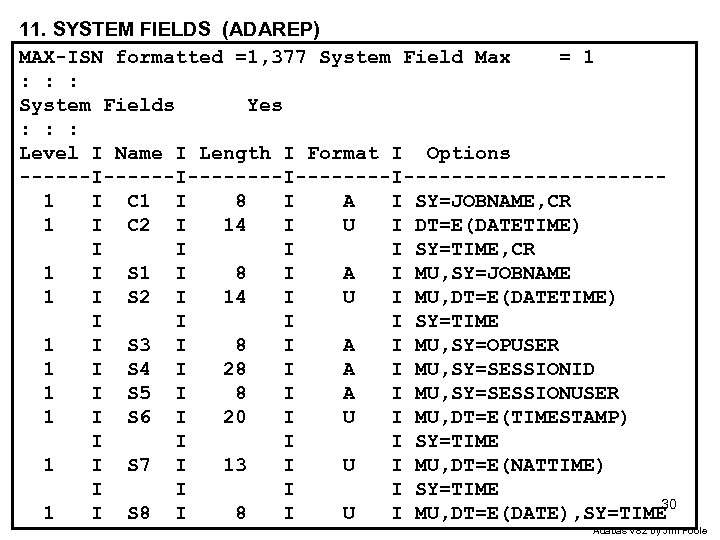 11. SYSTEM FIELDS (ADAREP) MAX-ISN formatted =1, 377 System Field Max = 1 :