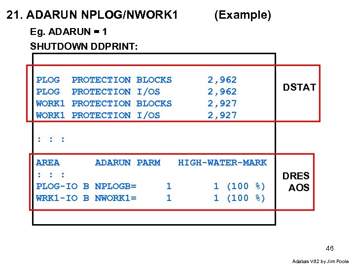 21. ADARUN NPLOG/NWORK 1 (Example) Eg. ADARUN = 1 SHUTDOWN DDPRINT: PLOG WORK 1
