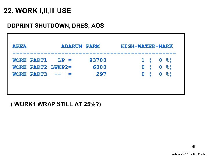 22. WORK I, III USE DDPRINT SHUTDOWN, DRES, AOS AREA ADARUN PARM HIGH-WATER-MARK -----------------------WORK