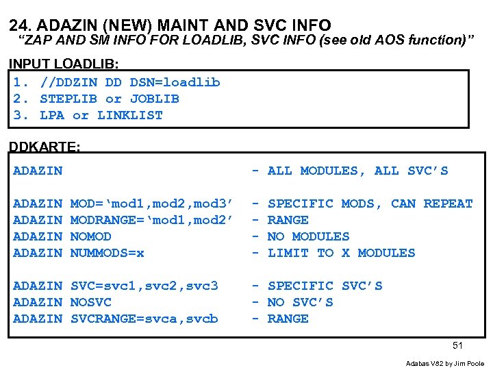 24. ADAZIN (NEW) MAINT AND SVC INFO “ZAP AND SM INFO FOR LOADLIB, SVC