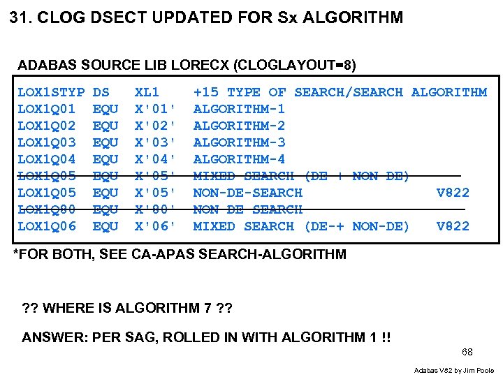 31. CLOG DSECT UPDATED FOR Sx ALGORITHM ADABAS SOURCE LIB LORECX (CLOGLAYOUT=8) LOX 1