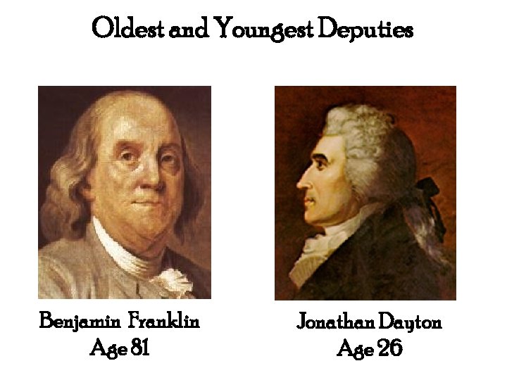 Oldest and Youngest Deputies Benjamin Franklin Age 81 Jonathan Dayton Age 26 