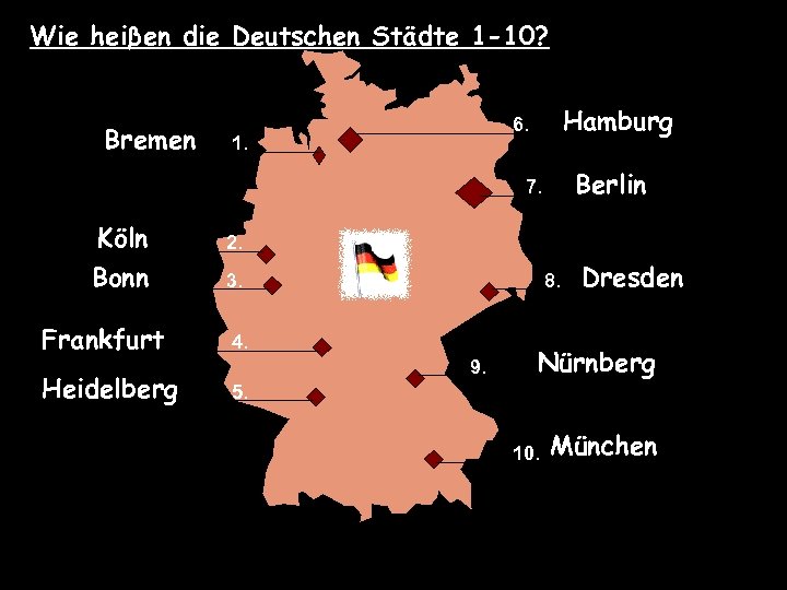 Wie heiβen die Deutschen Städte 1 -10? Bremen Hamburg 6. 1. Berlin 7. Köln