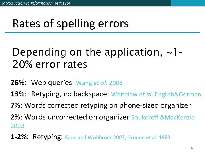 Introduction to Information Retrieval Rates of spelling errors Depending on the application, ~120% error