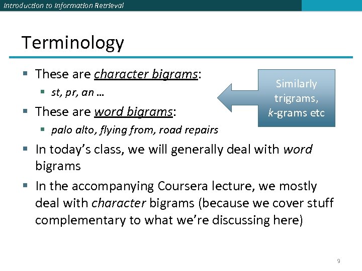 Introduction to Information Retrieval Terminology § These are character bigrams: § st, pr, an