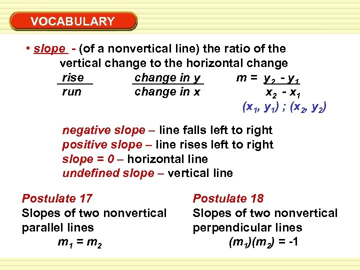 Warm-Up Exercises VOCABULARY • slope - (of a nonvertical line) the ratio of the