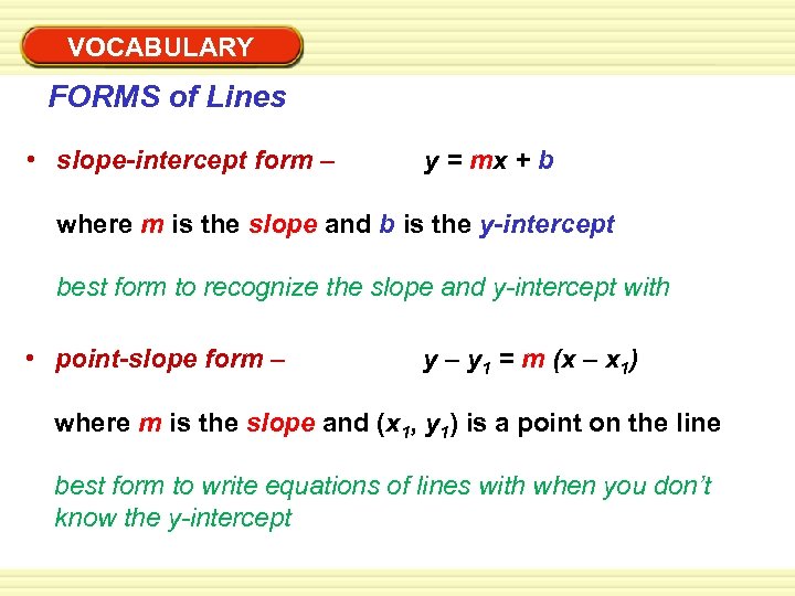 Warm-Up Exercises VOCABULARY FORMS of Lines • slope-intercept form – y = mx +
