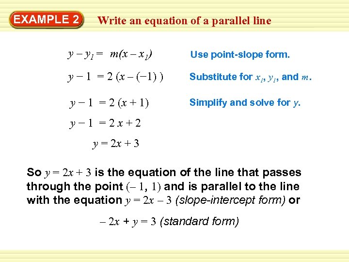 Warm-Up EXAMPLE 2 Exercisesan equation of a parallel line Write y – y 1