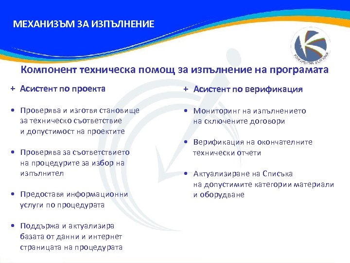 МЕХАНИЗЪМ ЗА ИЗПЪЛНЕНИЕ Компонент техническа помощ за изпълнение на програмата + Асистент по проекта