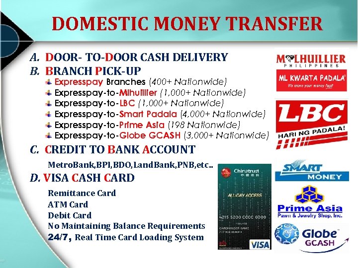 DOMESTIC MONEY TRANSFER A. DOOR- TO-DOOR CASH DELIVERY B. BRANCH PICK-UP Expresspay Branches (400+