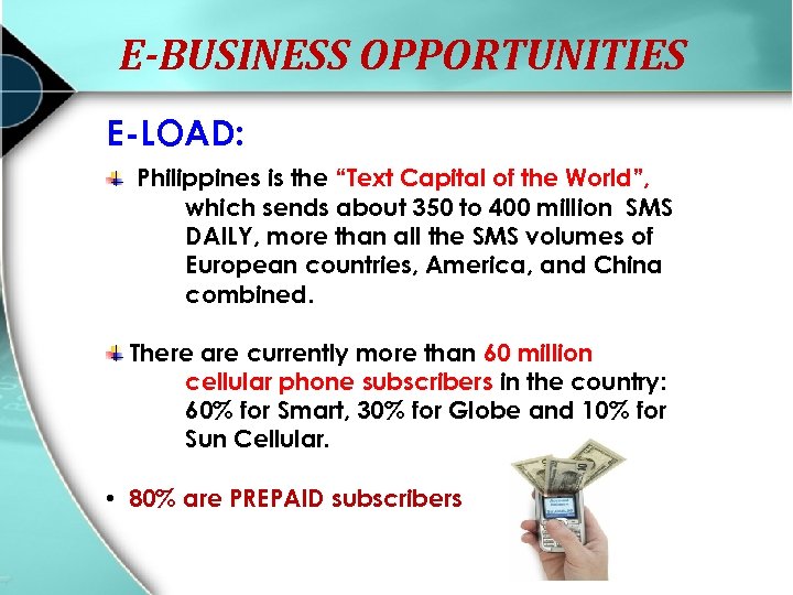 E-BUSINESS OPPORTUNITIES E-LOAD: Philippines is the “Text Capital of the World”, which sends about