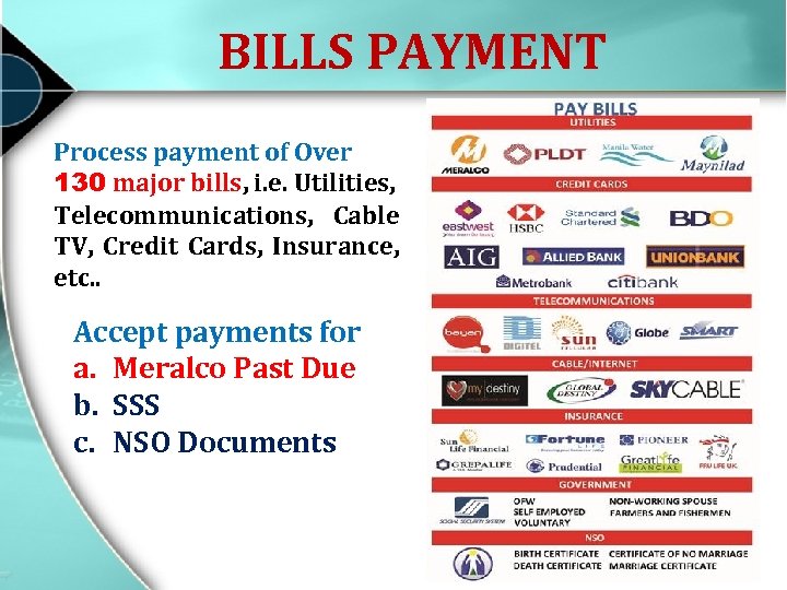 BILLS PAYMENT Process payment of Over 130 major bills, i. e. Utilities, Telecommunications, Cable
