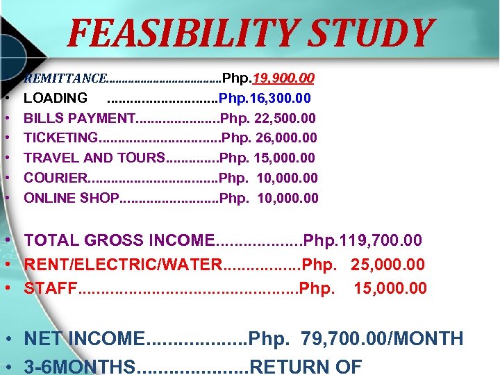 FEASIBILITY STUDY • • REMITTANCE. . . . . Php. 19, 900. 00 LOADING.