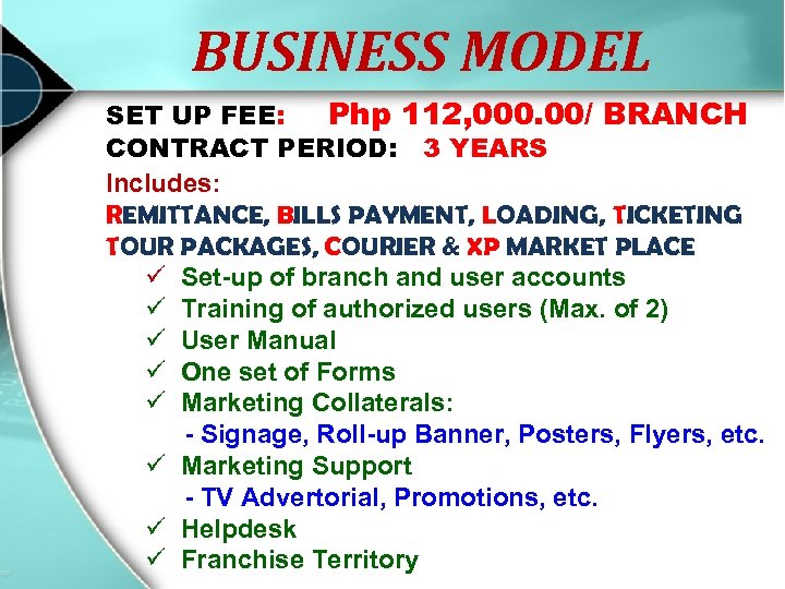 BUSINESS MODEL SET UP FEE: Php 112, 000. 00/ BRANCH CONTRACT PERIOD: 3 YEARS