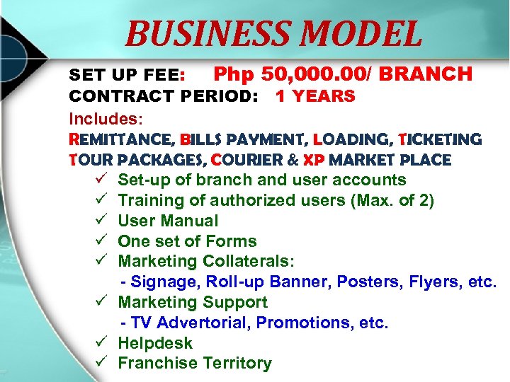 BUSINESS MODEL SET UP FEE: Php 50, 000. 00/ BRANCH CONTRACT PERIOD: 1 YEARS