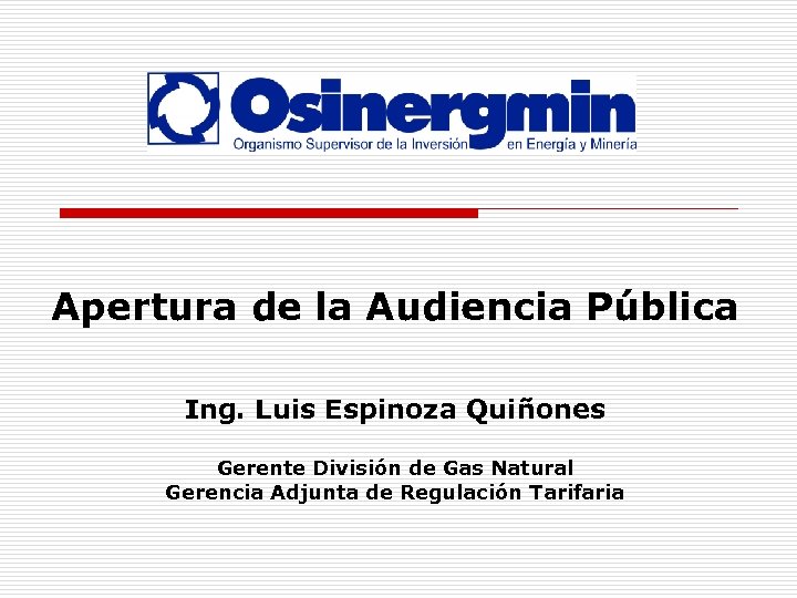 Apertura de la Audiencia Pública Ing. Luis Espinoza Quiñones Gerente División de Gas Natural
