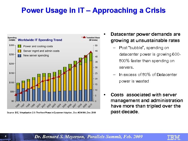 Power Usage in IT – Approaching a Crisis • Datacenter power demands are growing