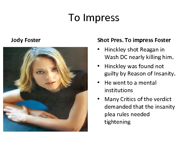 To Impress Jody Foster Shot Pres. To impress Foster • Hinckley shot Reagan in