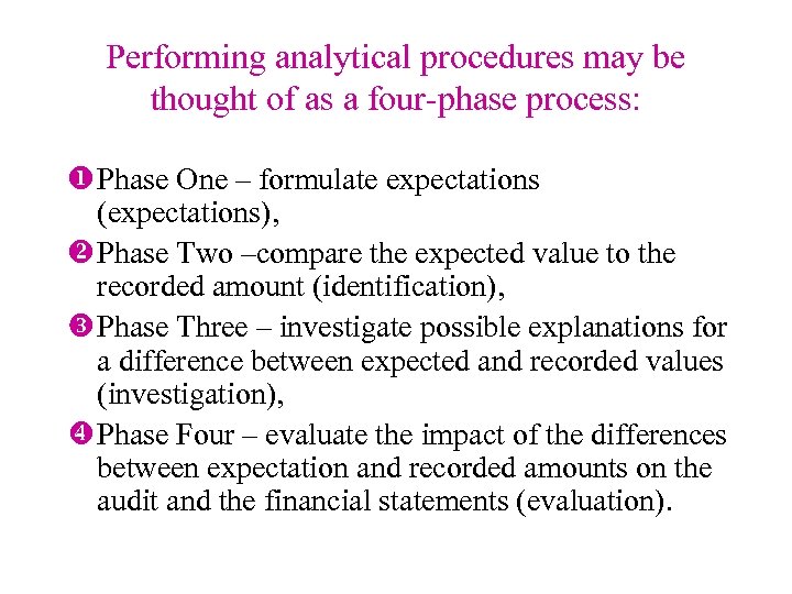 Performing analytical procedures may be thought of as a four-phase process: u Phase One