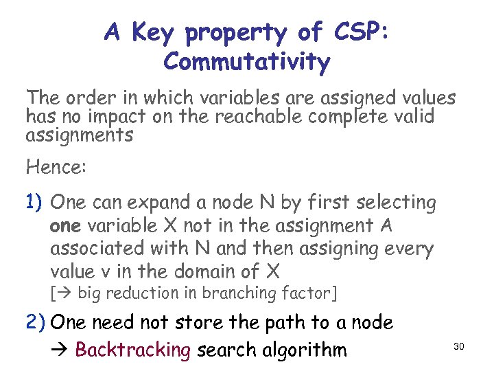 A Key property of CSP: Commutativity The order in which variables are assigned values