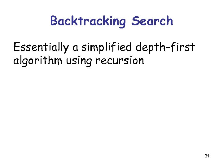 Backtracking Search Essentially a simplified depth-first algorithm using recursion 31 