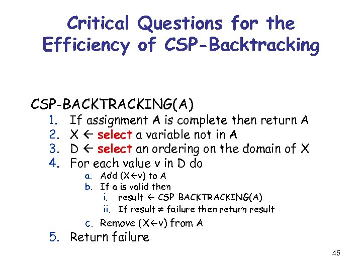 Critical Questions for the Efficiency of CSP-Backtracking CSP-BACKTRACKING(A) 1. 2. 3. 4. If assignment