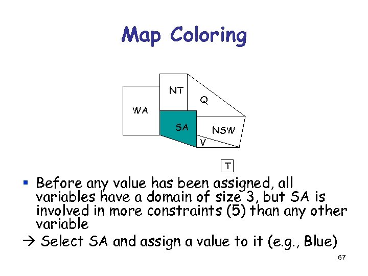 Map Coloring NT WA Q SA V NSW T § Before any value has