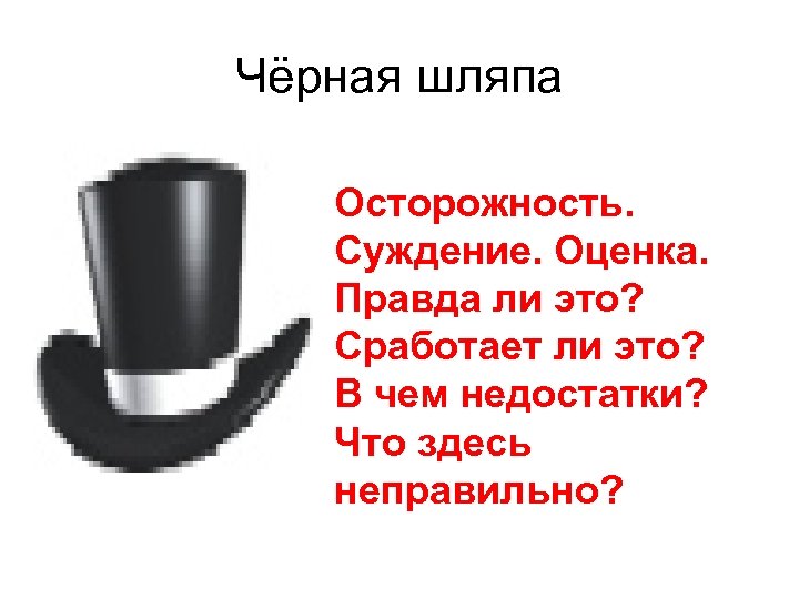 Чёрная шляпа Осторожность. Суждение. Оценка. Правда ли это? Сработает ли это? В чем недостатки?