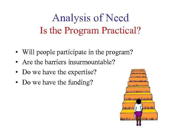 Analysis of Need Is the Program Practical? • • Will people participate in the