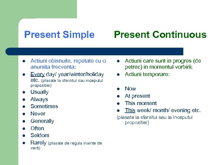 Present Simple l l Actiuni obisnuite, repetate cu o anumita frecventa: Every day/ year/winter/holiday
